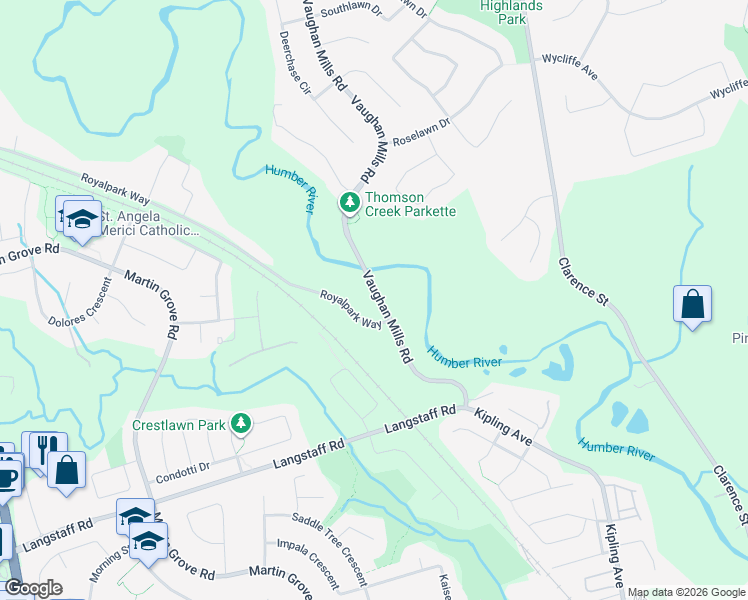 map of restaurants, bars, coffee shops, grocery stores, and more near 170 Vaughan Mills Road in Vaughan