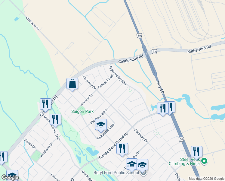 map of restaurants, bars, coffee shops, grocery stores, and more near 16 Lesabre Crescent in Brampton