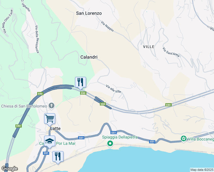 map of restaurants, bars, coffee shops, grocery stores, and more near 113 Via alle Ville in Latte