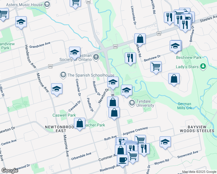map of restaurants, bars, coffee shops, grocery stores, and more near 298 Newton Drive in Toronto
