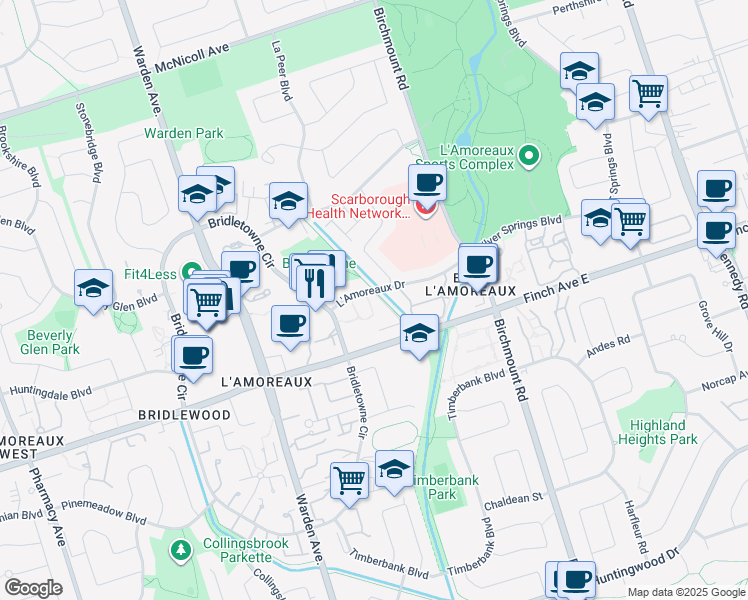 map of restaurants, bars, coffee shops, grocery stores, and more near 91 L'Amoreaux Drive in Toronto