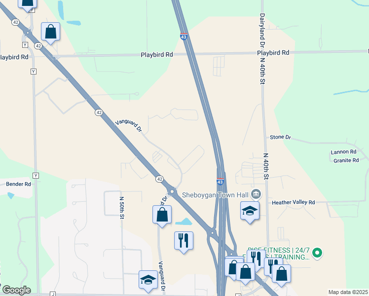 map of restaurants, bars, coffee shops, grocery stores, and more near 4825 Vanguard Drive in Sheboygan