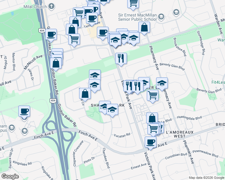 map of restaurants, bars, coffee shops, grocery stores, and more near 47 Navaho Drive in Toronto