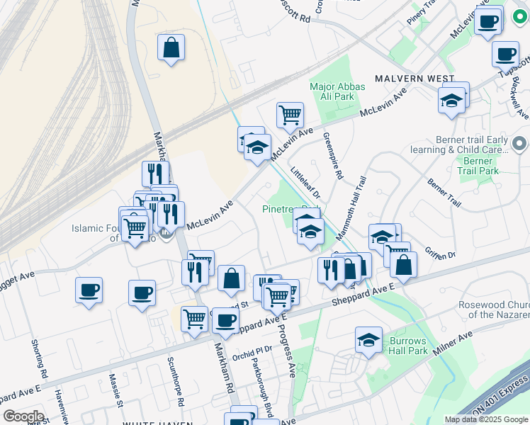 map of restaurants, bars, coffee shops, grocery stores, and more near in Toronto