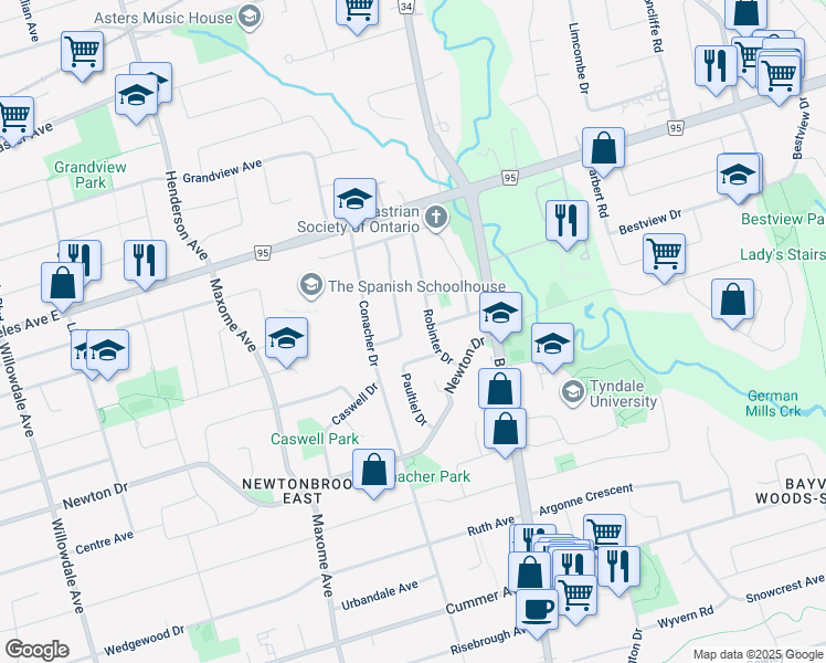 map of restaurants, bars, coffee shops, grocery stores, and more near in Toronto