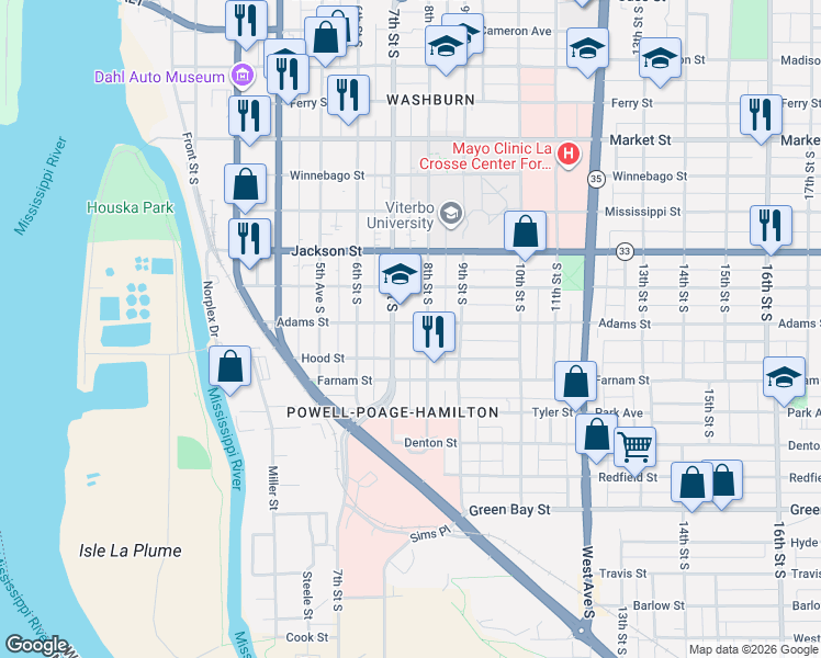 map of restaurants, bars, coffee shops, grocery stores, and more near 1109 7th Street South in La Crosse