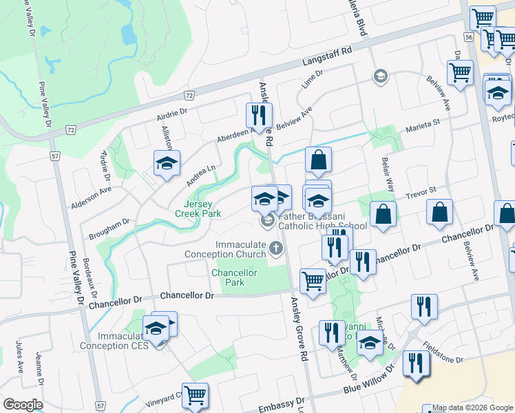map of restaurants, bars, coffee shops, grocery stores, and more near 3 Twinberry Crescent in Vaughan