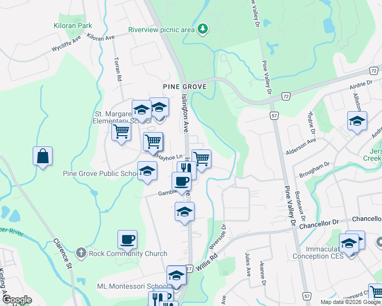 map of restaurants, bars, coffee shops, grocery stores, and more near 8441 Islington Avenue in Vaughan