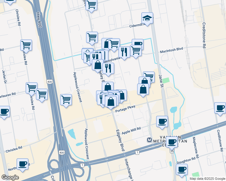 map of restaurants, bars, coffee shops, grocery stores, and more near 291 Edgeley Boulevard in Vaughan