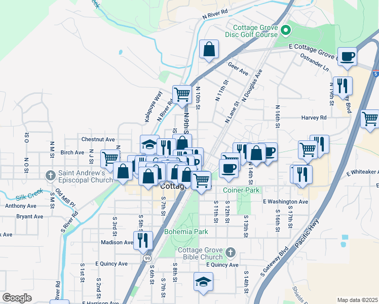 map of restaurants, bars, coffee shops, grocery stores, and more near 331 North 10th Street in Cottage Grove