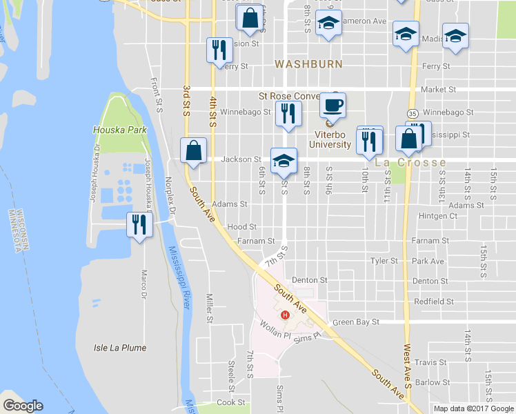 map of restaurants, bars, coffee shops, grocery stores, and more near 1202 6th Street South in La Crosse