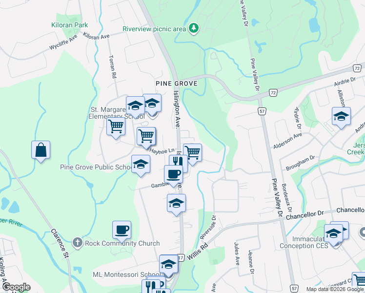 map of restaurants, bars, coffee shops, grocery stores, and more near in Vaughan