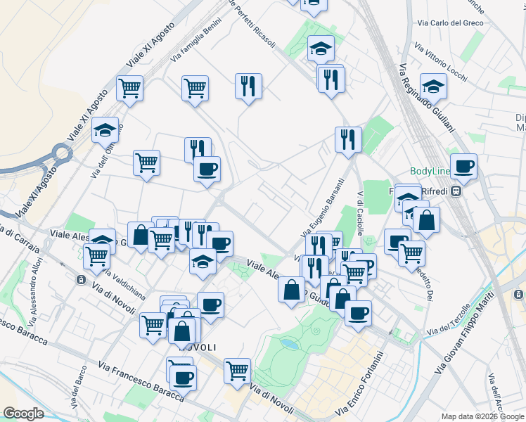 map of restaurants, bars, coffee shops, grocery stores, and more near 52 Via Giuseppe Campani in Firenze