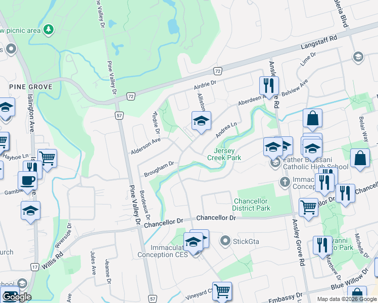 map of restaurants, bars, coffee shops, grocery stores, and more near 10 Ashcroft Court in Vaughan
