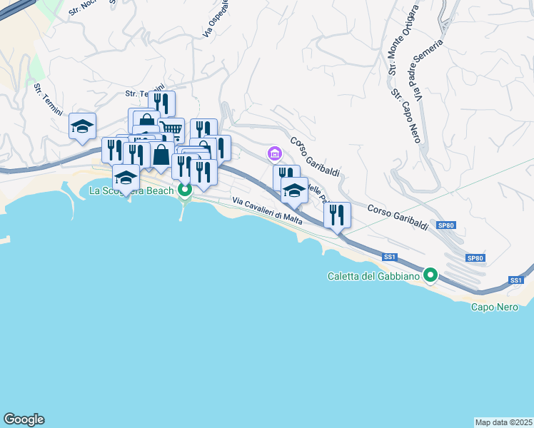map of restaurants, bars, coffee shops, grocery stores, and more near Strada Statale 1 in Ospedaletti