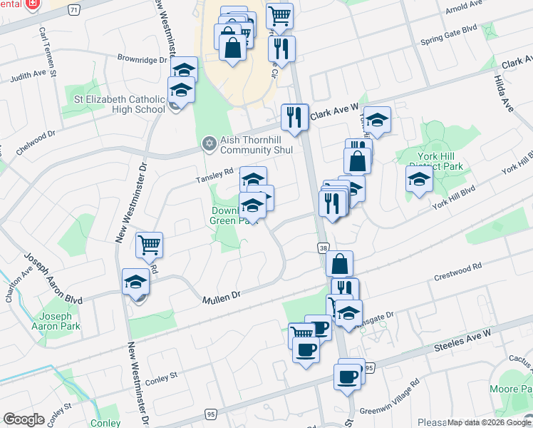 map of restaurants, bars, coffee shops, grocery stores, and more near 7 McMorran Crescent in Vaughan