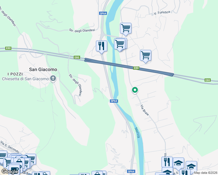 map of restaurants, bars, coffee shops, grocery stores, and more near Strada Provinciale 64 in Camporosso