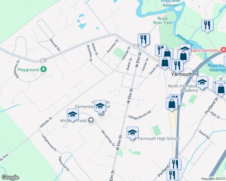 map of restaurants, bars, coffee shops, grocery stores, and more near 41 Woodbury Street in Yarmouth