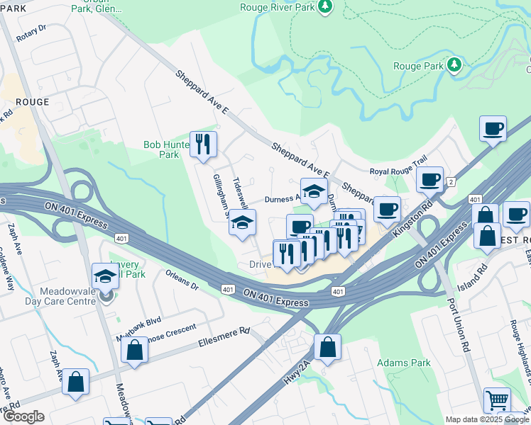 map of restaurants, bars, coffee shops, grocery stores, and more near in Toronto