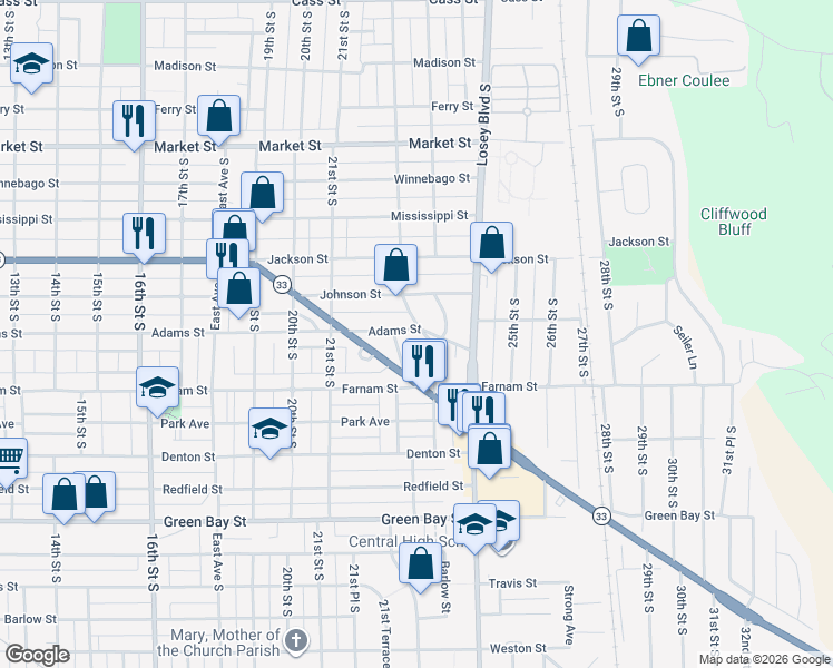 map of restaurants, bars, coffee shops, grocery stores, and more near 1124 22nd Drive South in La Crosse