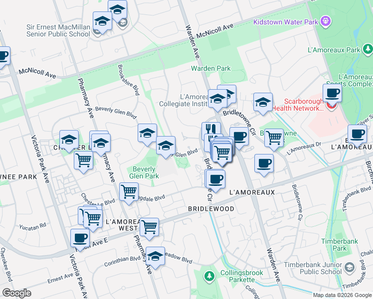 map of restaurants, bars, coffee shops, grocery stores, and more near in Toronto