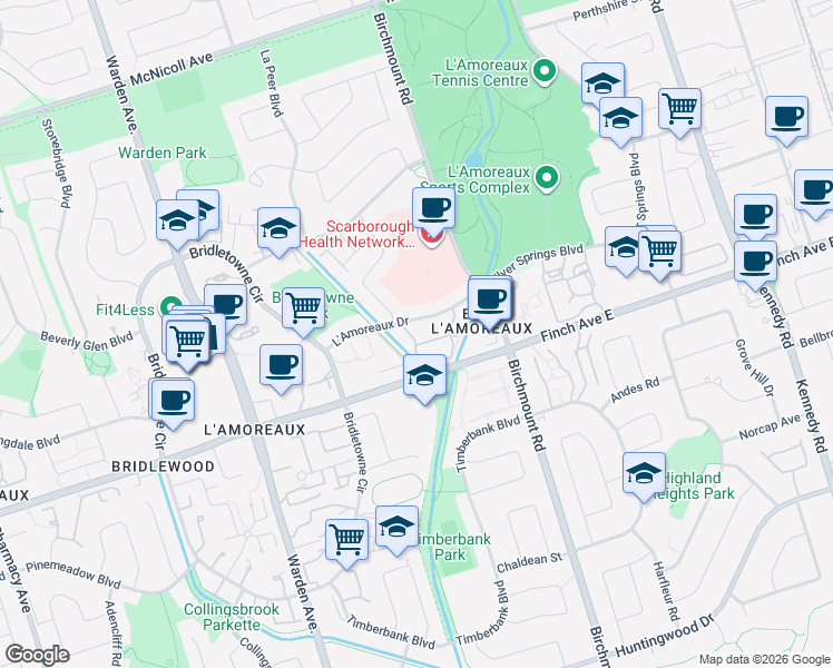 map of restaurants, bars, coffee shops, grocery stores, and more near 121 L'Amoreaux Drive in Toronto