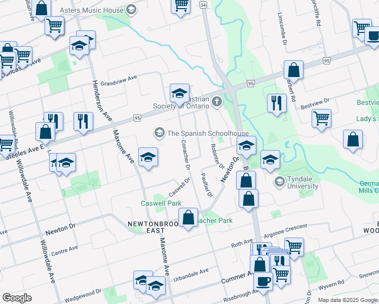 map of restaurants, bars, coffee shops, grocery stores, and more near 701 Conacher Drive in Toronto