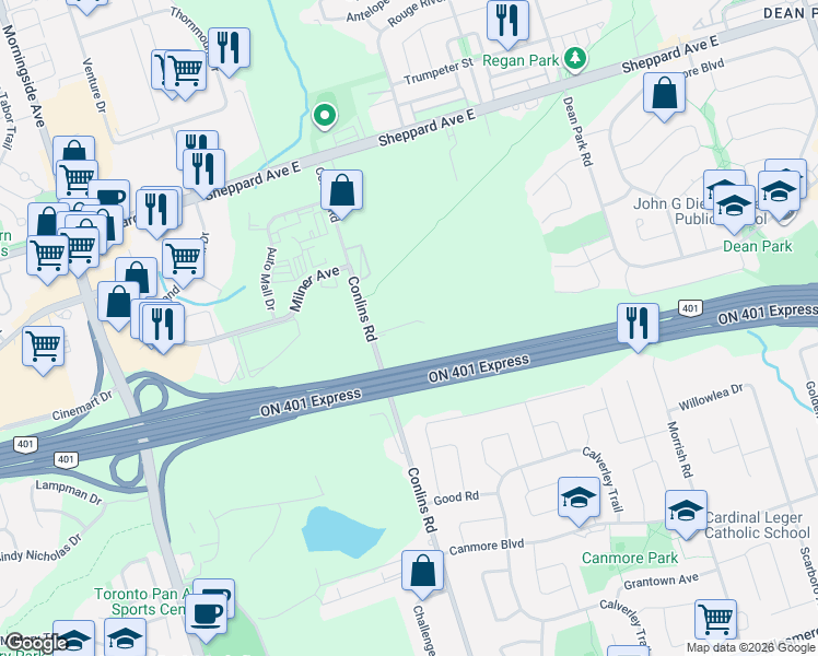 map of restaurants, bars, coffee shops, grocery stores, and more near in Toronto
