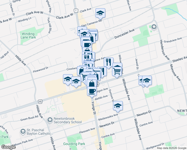 map of restaurants, bars, coffee shops, grocery stores, and more near 10 Highland Park Boulevard in Markham