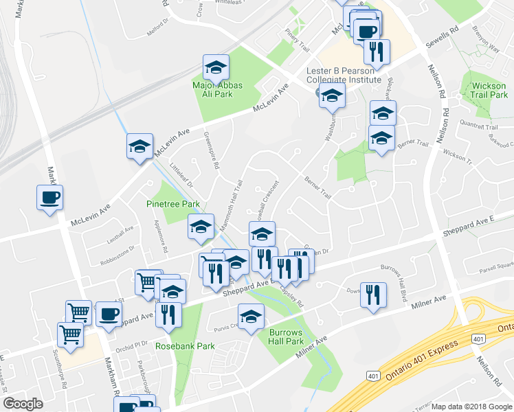 map of restaurants, bars, coffee shops, grocery stores, and more near 48 Snowball Crescent in Toronto
