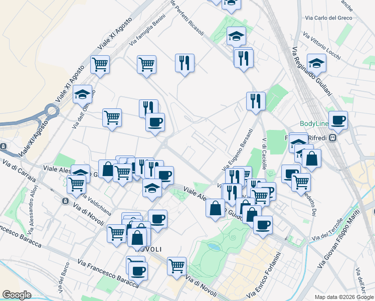 map of restaurants, bars, coffee shops, grocery stores, and more near 52 Via Giuseppe Campani in Firenze