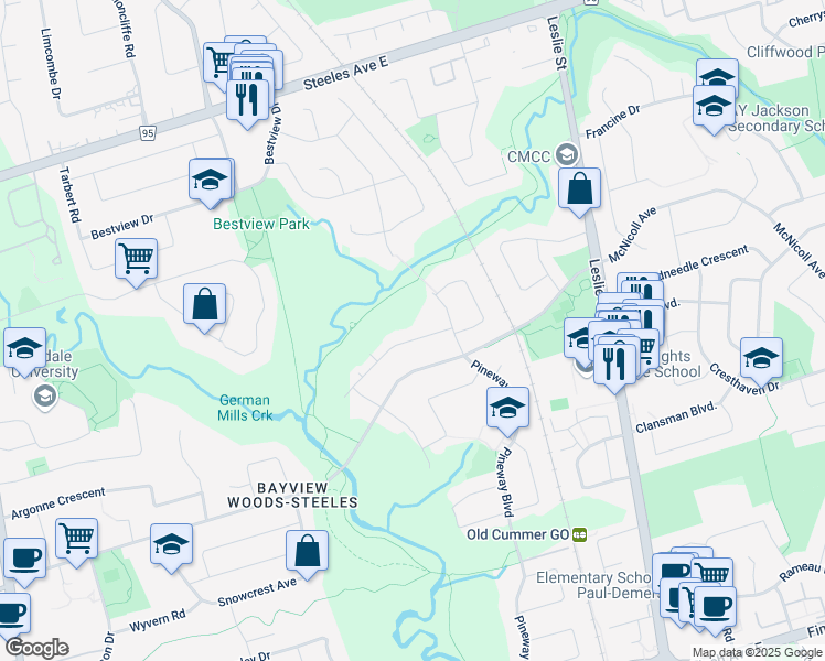 map of restaurants, bars, coffee shops, grocery stores, and more near 46 Bruce Farm Drive in Toronto