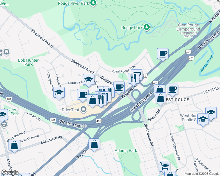 map of restaurants, bars, coffee shops, grocery stores, and more near 11742 Sheppard Avenue East in Toronto