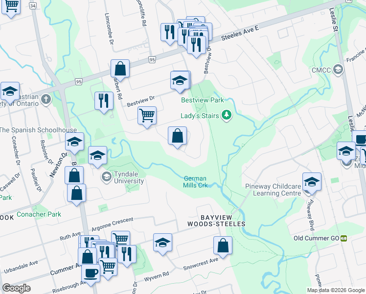 map of restaurants, bars, coffee shops, grocery stores, and more near 29 Ballyconnor Court in Toronto