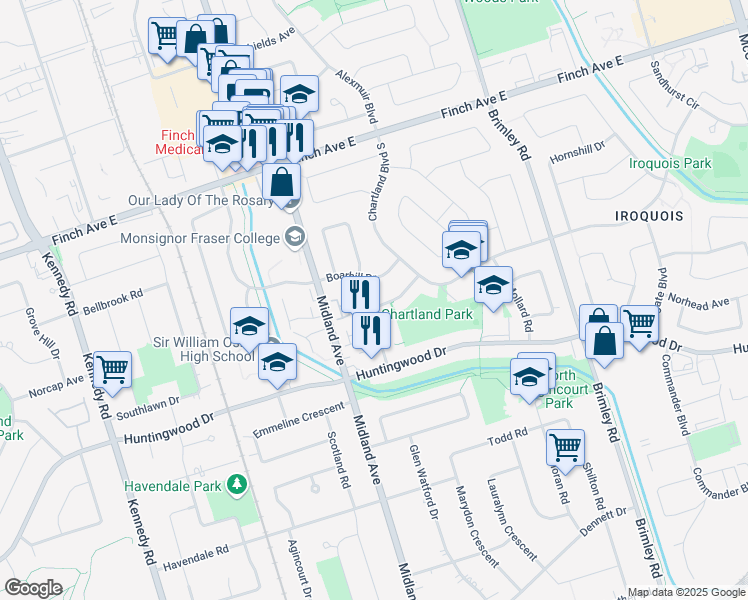 map of restaurants, bars, coffee shops, grocery stores, and more near in Toronto
