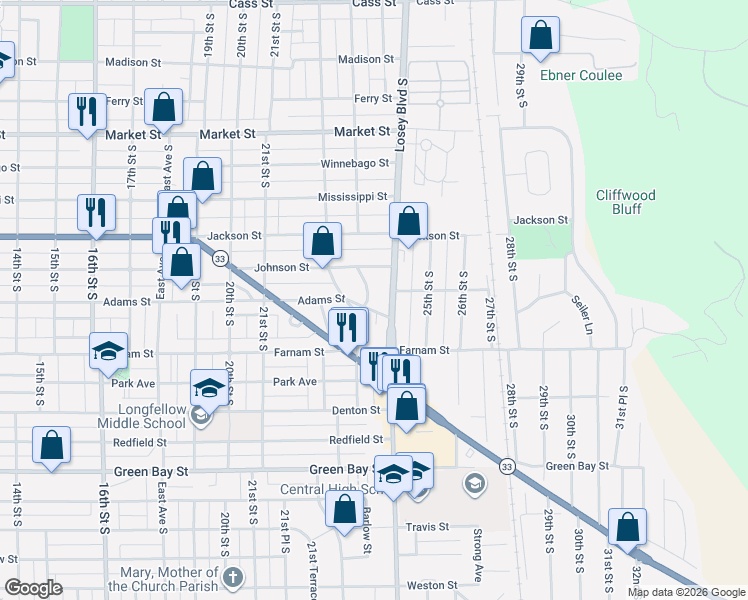 map of restaurants, bars, coffee shops, grocery stores, and more near 1111 Grandad Terrace in La Crosse
