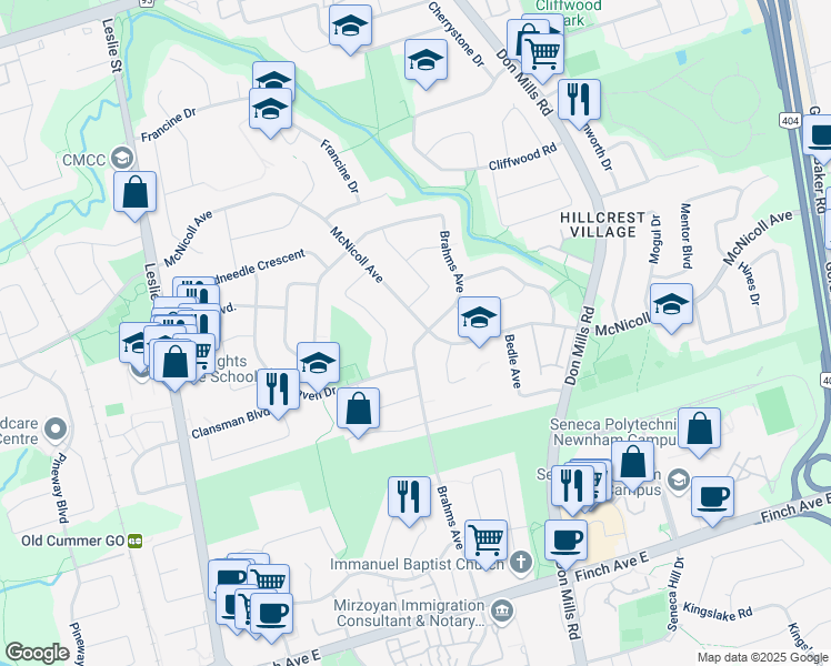 map of restaurants, bars, coffee shops, grocery stores, and more near 139 McNicoll Avenue in Toronto