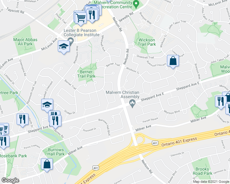 map of restaurants, bars, coffee shops, grocery stores, and more near 62 Hutcherson Square in Toronto