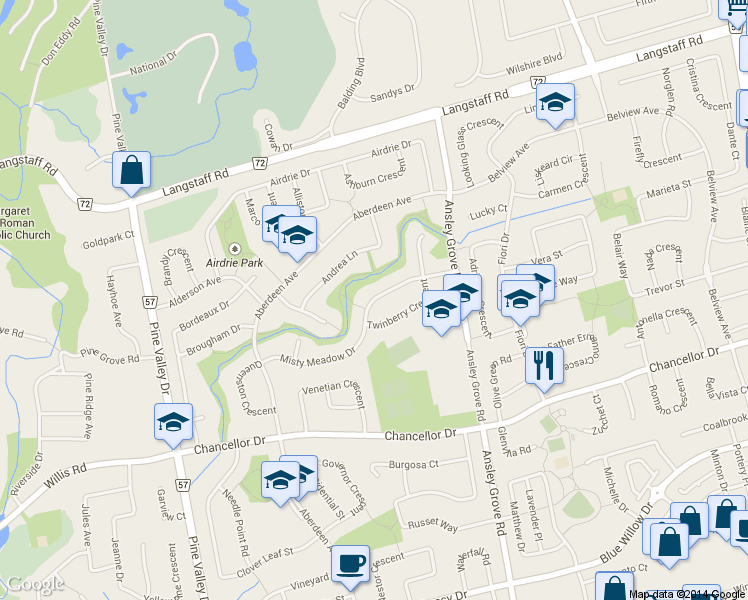 map of restaurants, bars, coffee shops, grocery stores, and more near 115 Misty Meadow Drive in Vaughan