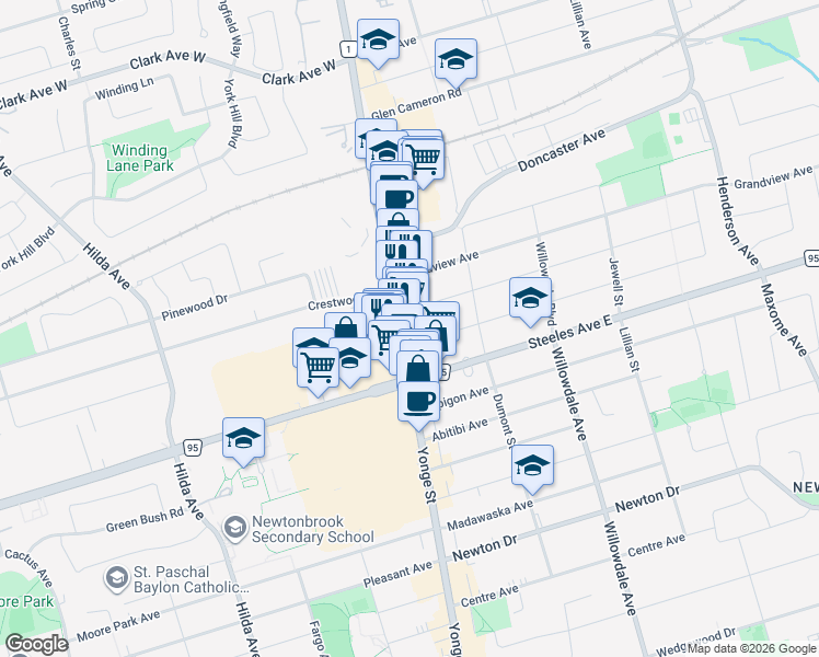 map of restaurants, bars, coffee shops, grocery stores, and more near 7051 Yonge Street in Markham