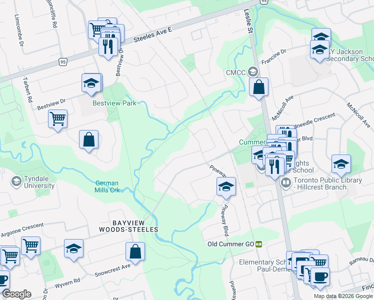 map of restaurants, bars, coffee shops, grocery stores, and more near 50 Bruce Farm Drive in Toronto