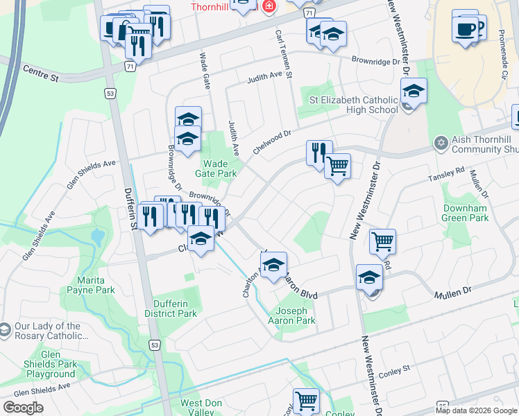 map of restaurants, bars, coffee shops, grocery stores, and more near 120 Brookmill Drive in Vaughan
