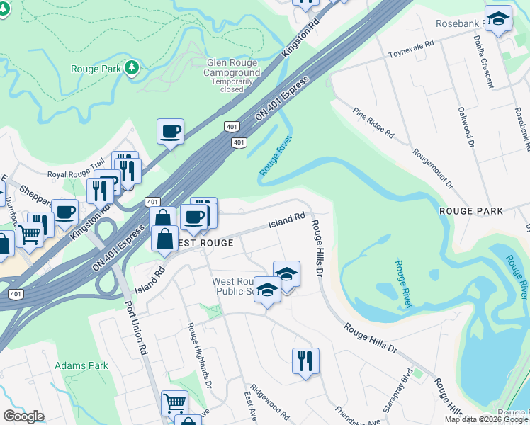 map of restaurants, bars, coffee shops, grocery stores, and more near 544 Rouge Hills Drive in Toronto