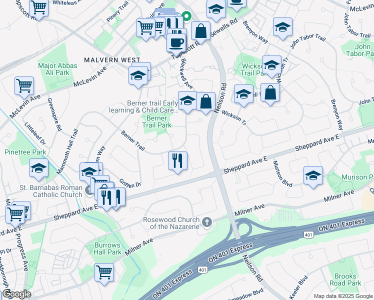 map of restaurants, bars, coffee shops, grocery stores, and more near 5 Hutcherson Square in Scarborough