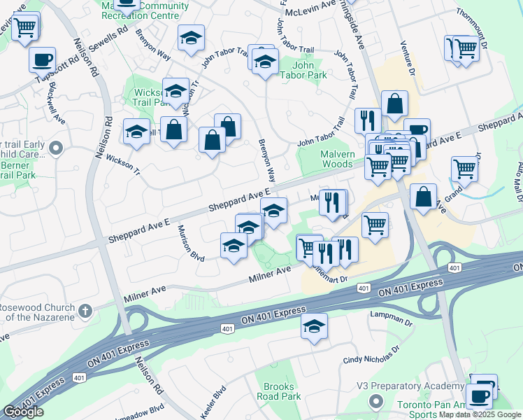 map of restaurants, bars, coffee shops, grocery stores, and more near 46 Curtis Crescent in Toronto
