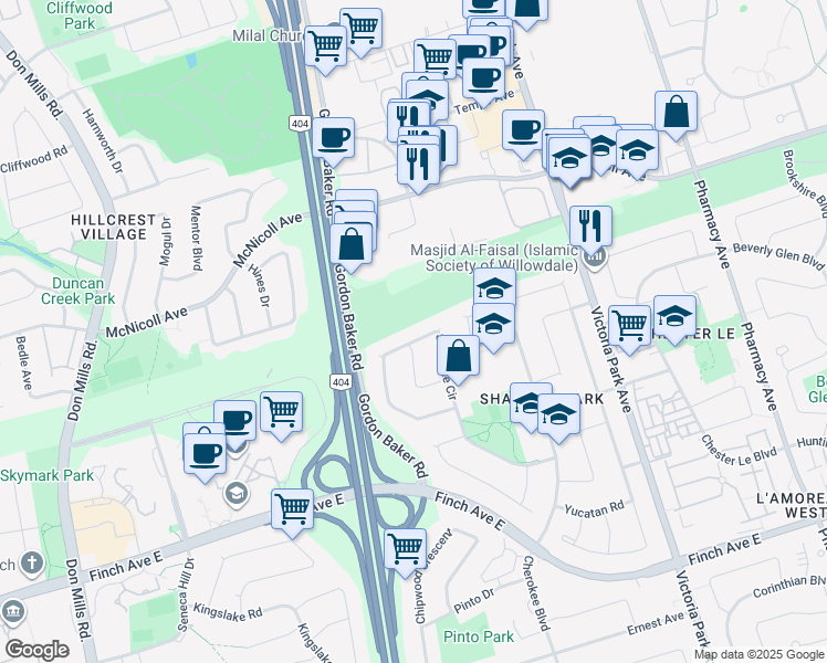 map of restaurants, bars, coffee shops, grocery stores, and more near 171 Shawnee Circle in Toronto