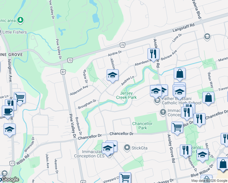 map of restaurants, bars, coffee shops, grocery stores, and more near 130 Andrea Lane in Vaughan