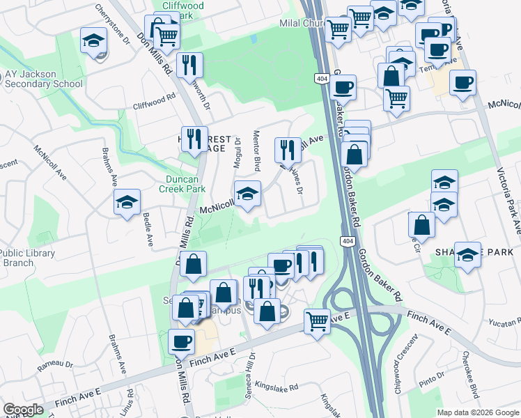 map of restaurants, bars, coffee shops, grocery stores, and more near 16 Sexton Crescent in Toronto