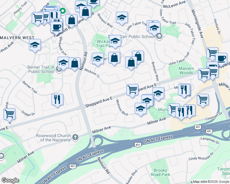 map of restaurants, bars, coffee shops, grocery stores, and more near 23 Gemshaw Crescent in Toronto