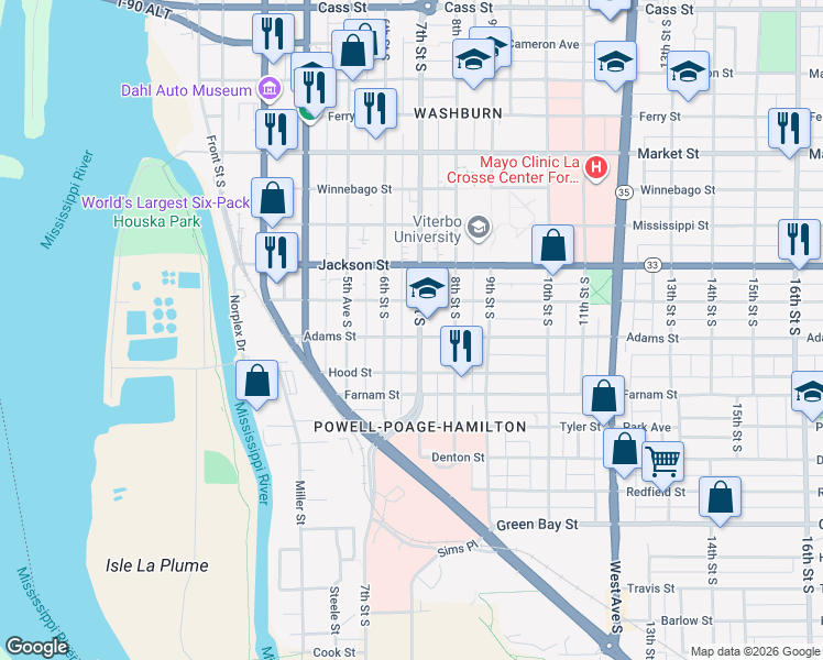 map of restaurants, bars, coffee shops, grocery stores, and more near 1126 7th Street South in La Crosse